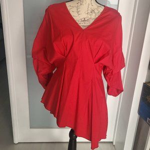 Red Draped Sleeve Statement Blouse